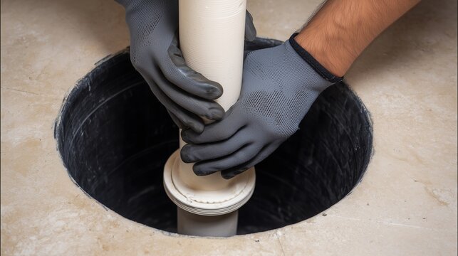 Technician installing sump pump discharge pipe into basement pit, plumber hand with glove guiding pipe for pump and drain connection, symbolizing sump pump installation and pipe service.