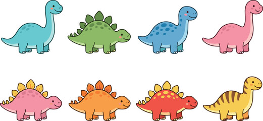 A charming collection of eight colorful cartoon dinosaur characters featuring adorable stegosaurus and long-necked sauropod species isolated on a clean white background. © MdMojnu