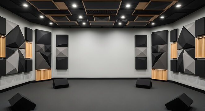 Modern acoustic treatment in a professional recording studio with soundproofing panels and speakers for optimal audio quality and sound isolation