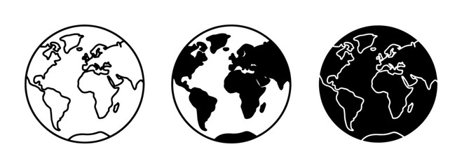 Obraz premium Earth Globe Icons, World Map Illustrations, Planet Earth Vector Graphics. Set of three distinct planet representations, including outline, solid black, and inverted black and white.