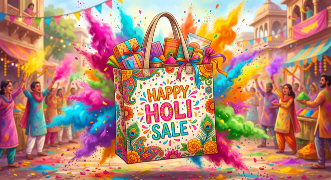 Vibrant Holi sale shopping bag bursting with colorful powder and gifts.