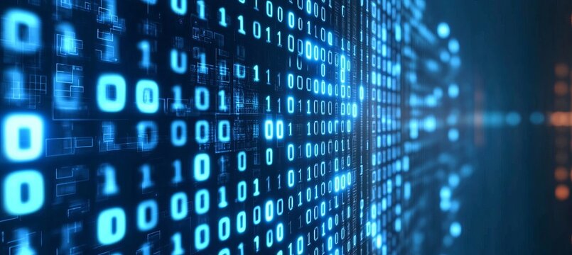 Futuristic binary code stream on digital black screen for technology background design concept.