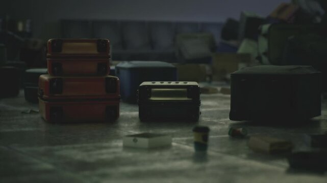 small parcels and cups scattered on floor with blurred stacked suitcases in background, close lowangle shot emphasizing foreground debris, gritty texture