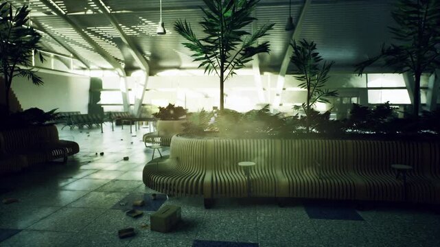 Sunlit atrium with plants and curved bench, strong backlight creating dramatic silhouettes and reflections, scattered items near planter, calm morning glow