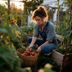 Fototapeta premium Woman harvesting tomatoes in backyard garden showcasing organic gardening fresh produce and healthy sustainable lifestyle concept
