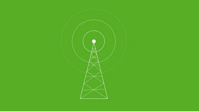 Telecommunication tower with outgoing radio waves in a flat style on a chromakey bg. 4K
