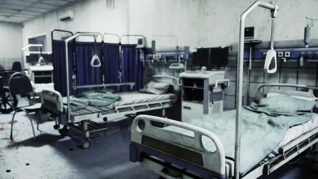 empty bedside row of patient beds, soft overhead lights, privacy dividers and trapeze handles, folded blankets and worn mattresses, sterile surfaces showing