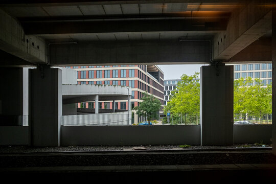 Concrete bridge underpass reveals urban berlin architecture where daylight and shadow shape strong perspective lines beside trees in quiet city space