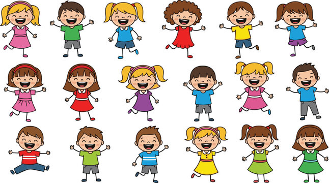 Cartoon Children Illustration Set Featuring Happy Kids in Colorful Clothes, Playing and Smiling for Fun, Childcare, and Education Designs