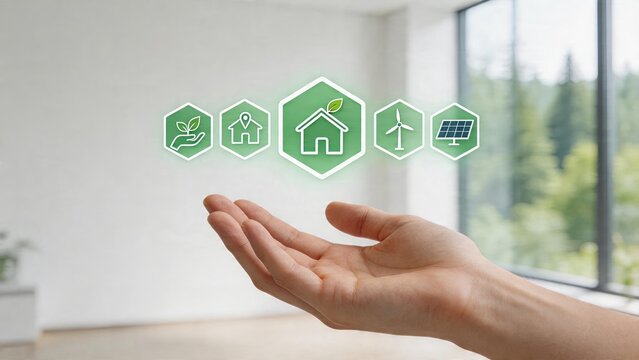 Future eco friendly smart home concept human hand holding green hologram icons representing sustainable energy saving wind solar power technology
