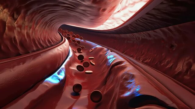Blood vessel interior, dynamic constriction and dilation motion,
blood flow adapting to vessel size
