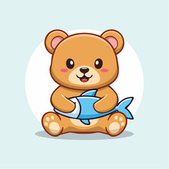 Obraz premium Cute cartoon bear holding a fish