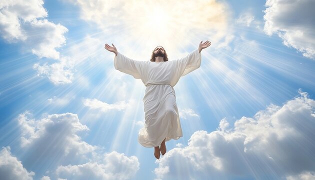 Religious Resurrection Depiction of Deity Ascending to the Heavens with Light and Divine Hope