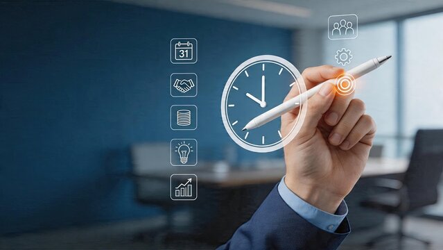 Businessman hand using digital touchscreen pen to manage time selecting calendar icon handshake agreement symbol coin stack for finance or savings light bulb representing