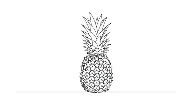 Minimalist single line drawing of a pineapple on a white background with line art, black and whit