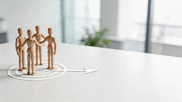 Business team four wooden mannequin figures gathered in discussion planning strategy pointing forward along arrow chart on white desk surface with bright office background