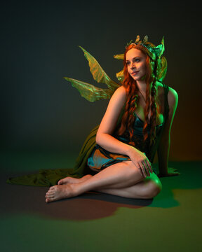 portrait of female model wearing fantasy fairy costume, green dress, cloak, butterfly wings and crown. full length sitting pose, kneeling on floor, dark studio background.