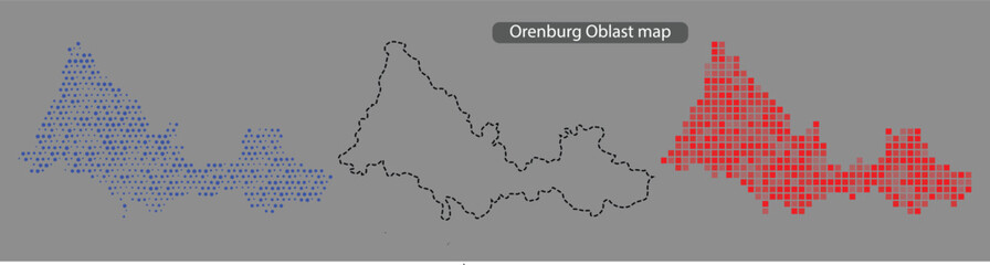 Fototapeta premium Orenburg oblast map with blue and red pixelated areas on gray background
