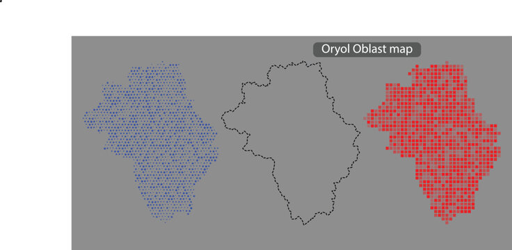 Oryol oblast map with blue and red pixelated areas on gray background