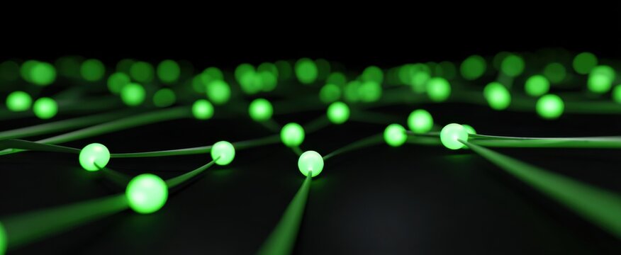 Green LED lights form a complex pattern on a black surface