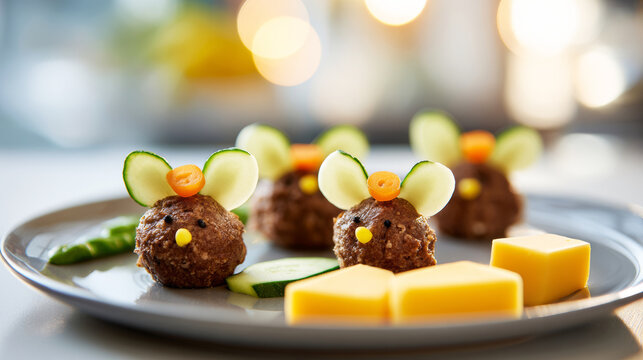 Appetizer plate featuring funny mouse meatballs, cucumber slices for ears, carrot pieces for noses and cheese cubes