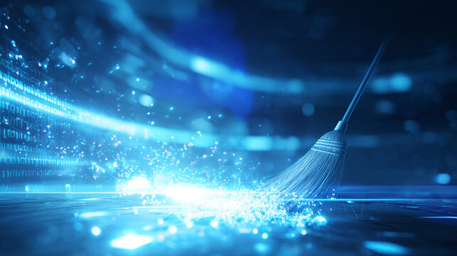 Broom sweeping glowing binary data particles across a futuristic blue background, representing digital cleansing and network security