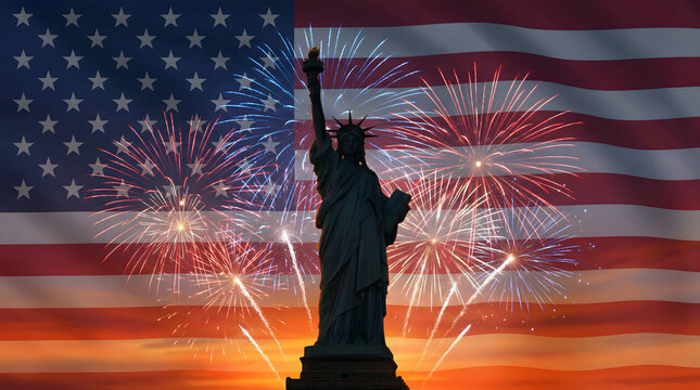 statue of liberty with fireworks and american flag