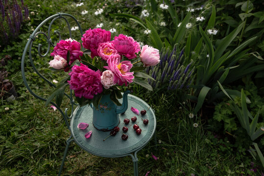 Peonies Bouquet in Vintage Garden Setting with Country Style Decor