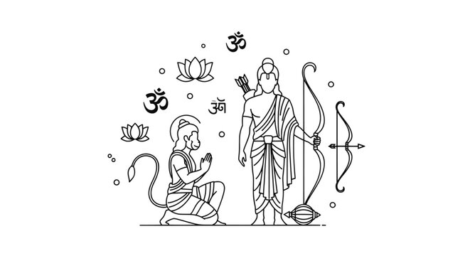 Line art illustration of Lord Rama and Hanuman with Om symbol and lotus