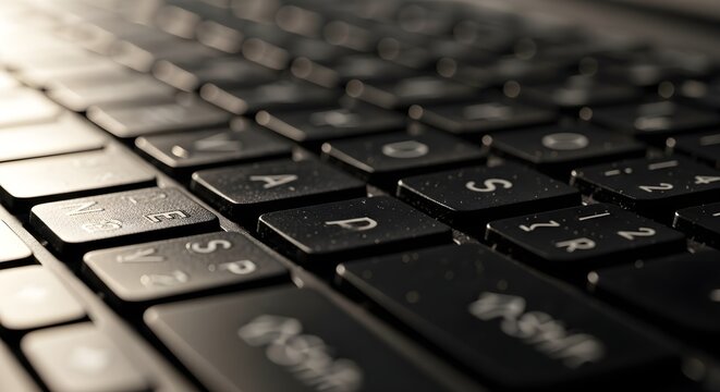 Close-up of black computer keyboard with white lettering keys