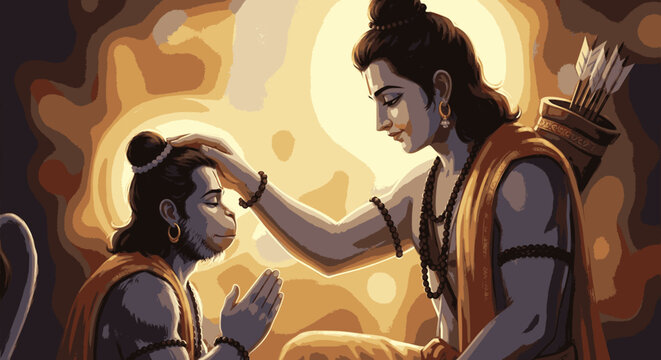 Lord Rama blessing Hanuman in digital illustration for Diwali celebration