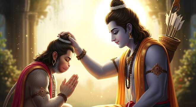 Lord Rama blessing Hanuman during a divine meeting in traditional art