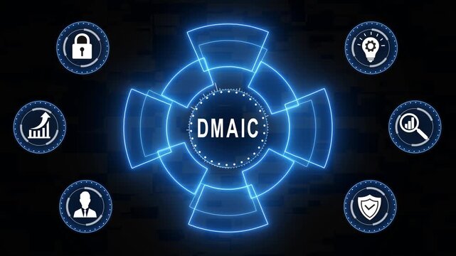 Dmaic methodology digital interface concept featuring six sigma process improvement and glowing blue hud for corporate business strategy and management presentations