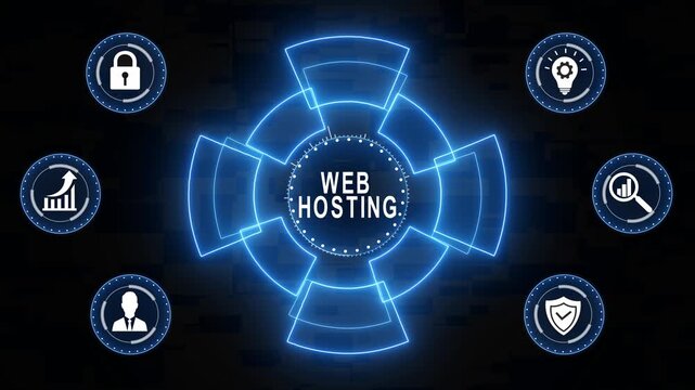Web hosting digital technology concept with glowing neon hud interface featuring cybersecurity data protection analytics and cloud server infrastructure for modern