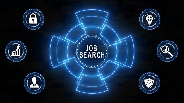 Futuristic job search digital interface with animated glowing blue hud recruitment technology concept, career development and employment networking motion