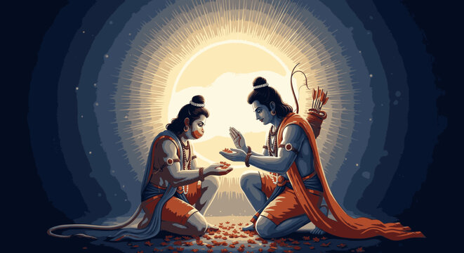 Lord Rama and Hanuman kneeling in devotion with a glowing sun background