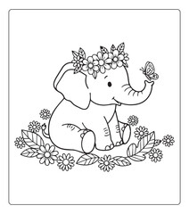 Obraz premium Wild animal elephant black outline vector cartoon style illustration coloring page for kids