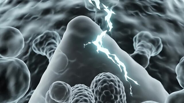 Close-Up 3D CGI Animation of a Virus Structure Highlighting Its Molecular Features and Cellular Interactions in Dark Background