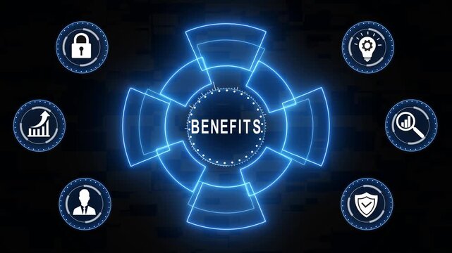Digital business benefits interface featuring glowing neon blue hud technology for corporate strategy, financial growth, data security, and innovation management solutions