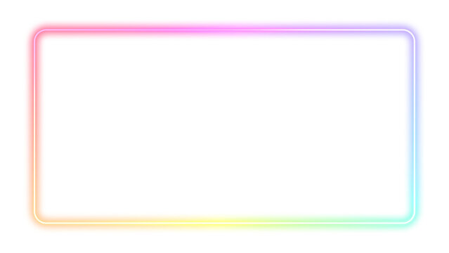 Abstract gradient neon rectangle frame isolated on transparent, vibrant rainbow color LED sign for design, multicolored laser light spectrum presentation, empty futuristic glowing line illustration