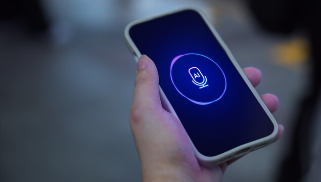 Person using personal AI agent assistant in the city, voice recognition artificial intelligence chat app dialogue screen, smartphone text to speech chatbot, smart customer service support technology