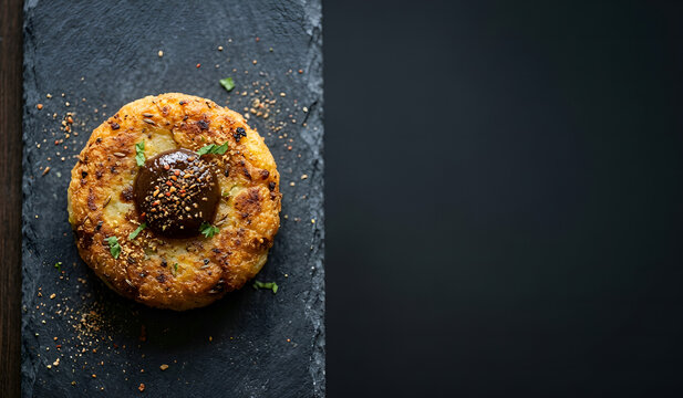 A crisp, detailed close-up shot of a single, golden-brown Aloo Tikki (crispy potato patty)