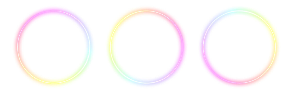 Abstract gradient neon circle frame isolated on transparent, vibrant rainbow color LED sign for design, multicolored laser light spectrum set, empty futuristic glowing line collection illustration