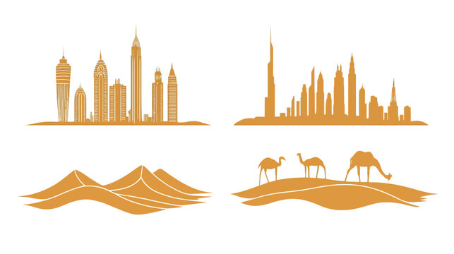 Four vignettes featuring silhouettes. Cityscapes and desert scenes. Buildings and camels in golden hues