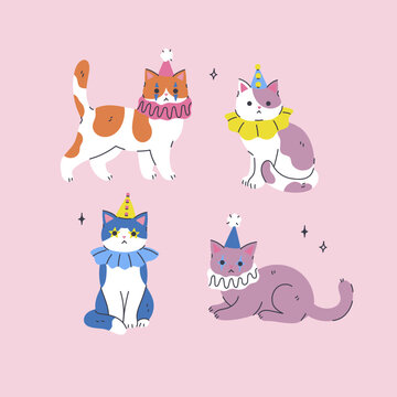 A set of cute cats in clown costumes. Vector graphics.