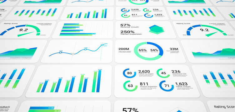 Business intelligence and financial performance analysis report on white background, infographic bar chart investment data analytic graph dashboard, enterprise market statistics trend illustration