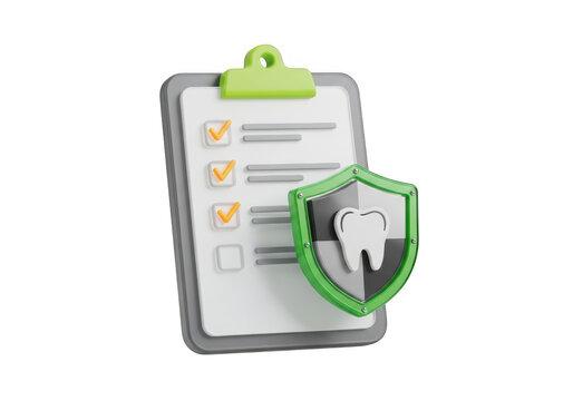 Dental insurance checklist with a protective shield icon for oral health care isolated on transparent background
