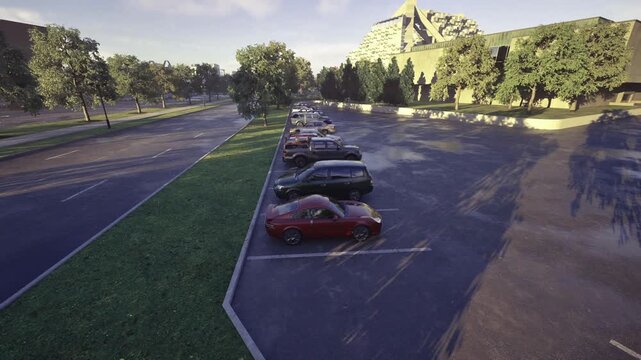Compact vehicles lined up in parking row during morning light, curbside spacing and glossy finishes reflecting sun, tree shadows crossing pavement, urban