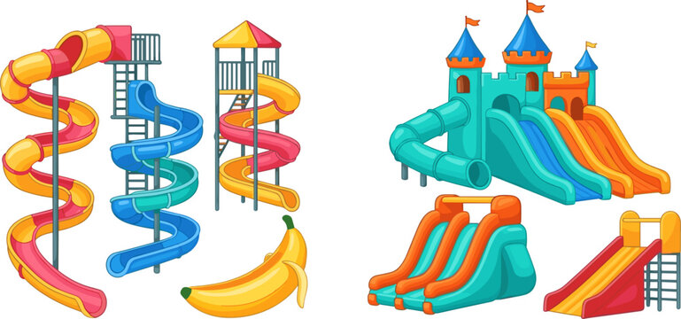 
Colorful cartoon water park spiral slides and inflatable bounce castle playground set with banana and fun summer attraction illustrations