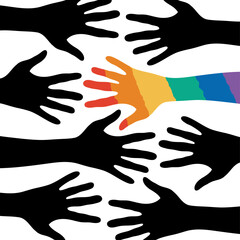 Obraz premium Rainbow Arm Reaching Out from Crowd of Black Silhouette Hands
